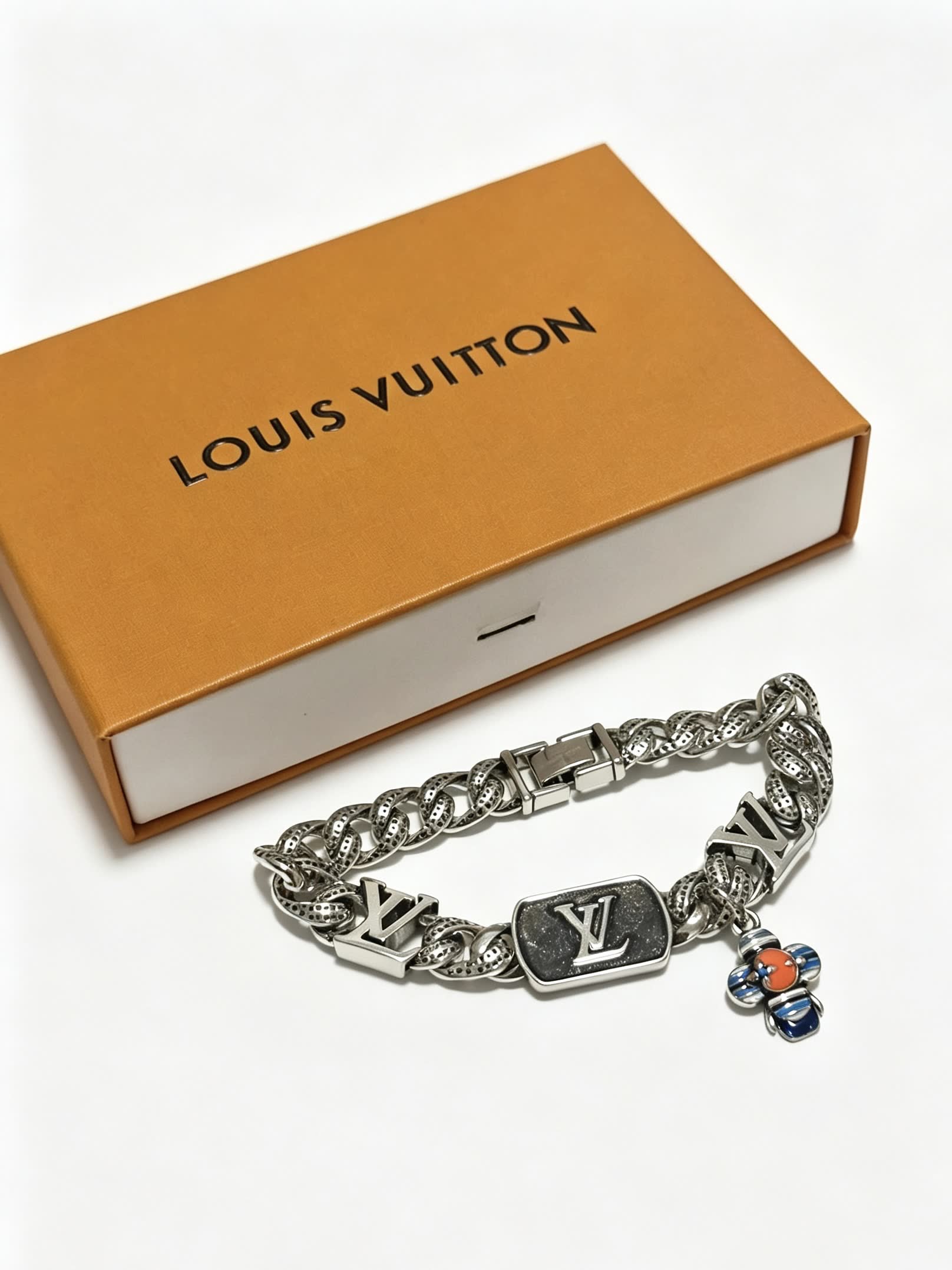 Louis Vuitton Silver Bracelet with Monogram Charms